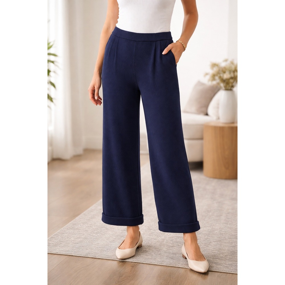 St. John Collection Women's Santana Knit Wide Leg Pleated Trousers Cuffed Hem‎ 2